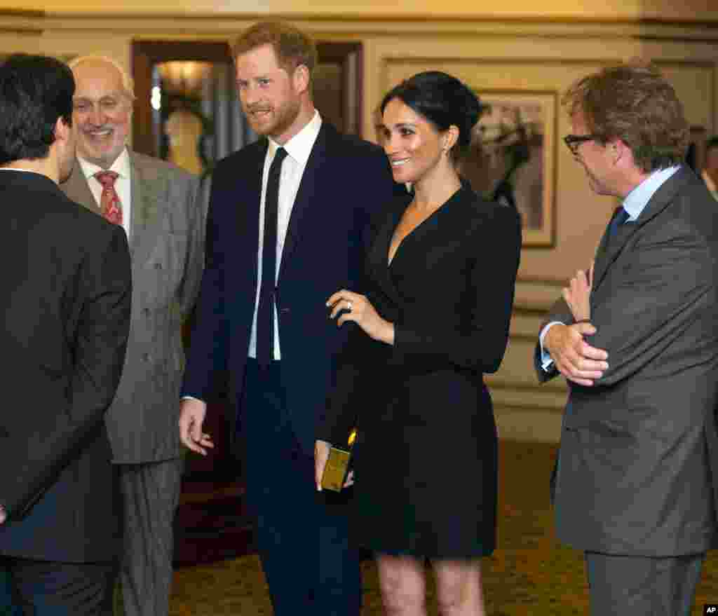 Britain's Prince Harry and Meghan, Duchess of Sussex, attend a gala performance of the musical Hamilton at the Victoria Palace Theatre, in support of the charity Sentebale, in London, Aug. 29 2018.