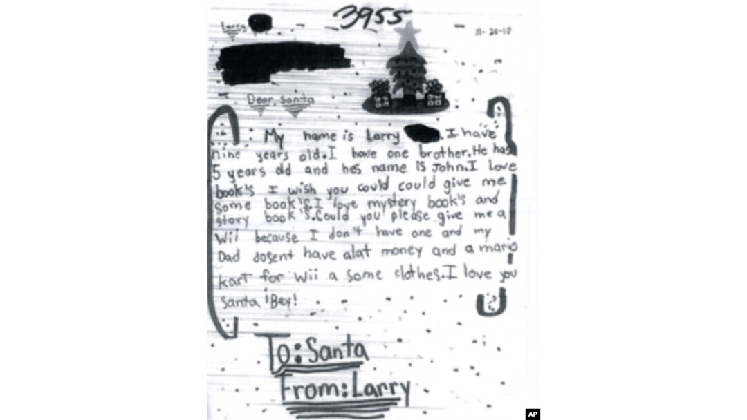 A sample of one of the two million letters to Santa received by the main post office in New York.