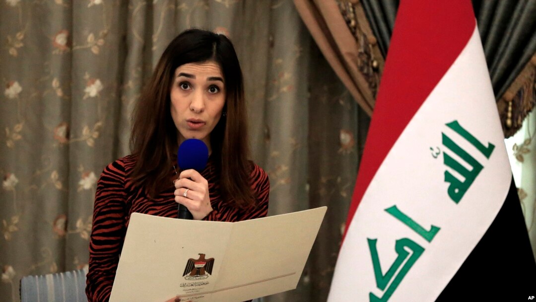 FILE - In this Dec. 12, 2018, file photo, Nobel Peace Prize recipient Nadia Murad speaks during a meeting with Iraqi President Barham Salih and other dignitaries, in Baghdad, Iraq.