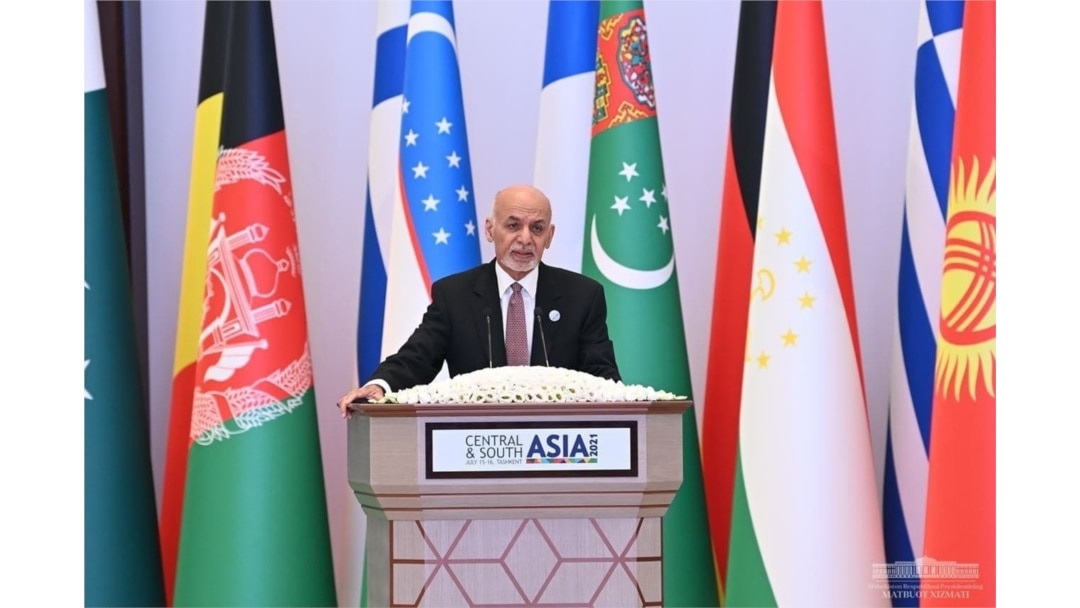 Afghan President Ashraf Ghani speaks at Central and South Asia Connectivity Conference in Tashkent, Uzbekistan, July 16, 2021. (Credit: president.uz)