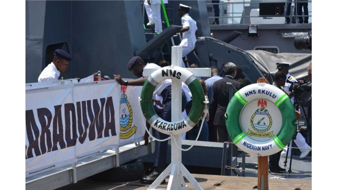 A Nigerian Navy vessel is seen in Ghana's Sekondi naval base ahead of a maritime defense conference in the capital, Accra. Nigeria has increased its patrols to combat piracy. (Stacey Knott/VOA)