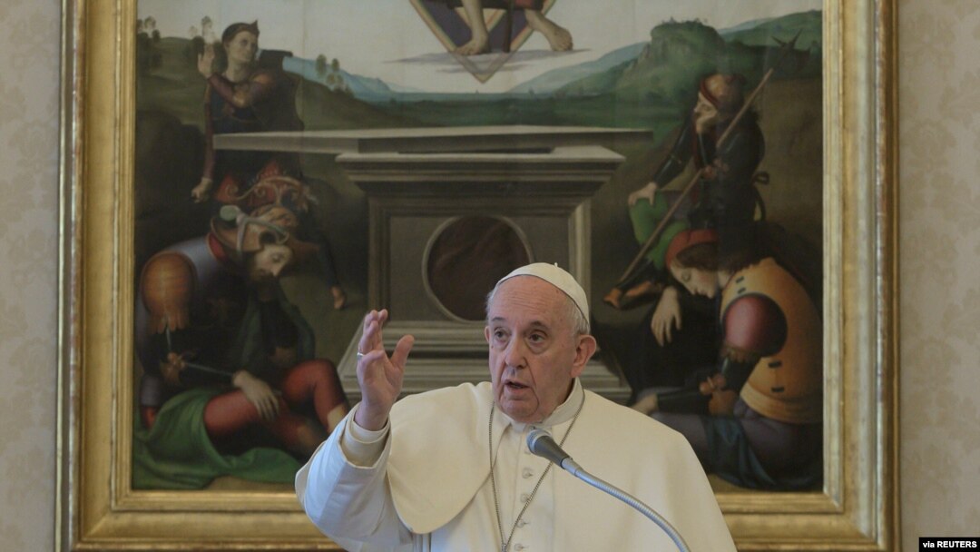 Pope Francis delivers the weekly Angelus prayer as it is streamed via video over the internet from inside the Vatican, March 29, 2020.