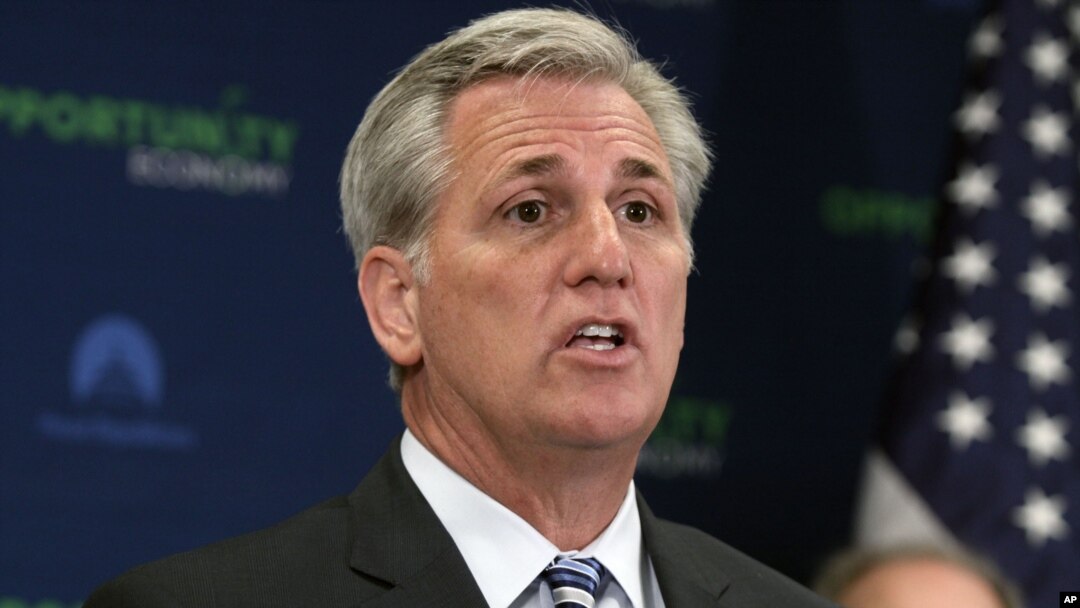 FILE - In this March 24, 2015 file photo, House Majority Leader Kevin McCarthy of California talks during a news conference on Capitol Hill in Washington