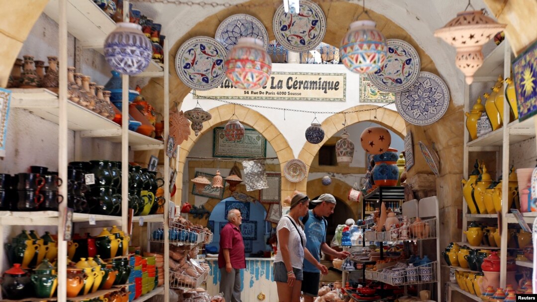 Russian tourists are seen shopping at the old medina in Sousse, Tunisia, Sept. 30, 2017.