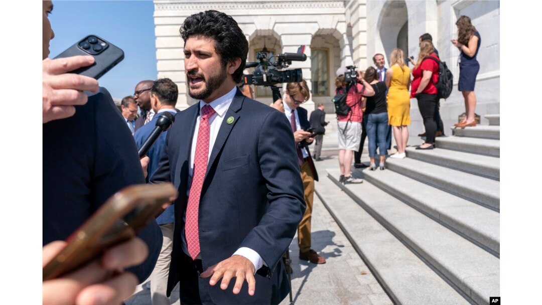 FILE - U.S. Representative Greg Casar, speaking to reporters in Washington on May 25, 2023, is one of 31 Congress members who have called upon President Joe Biden and the State Department to withhold recognition of Pakistan's new government until the election is investigated.