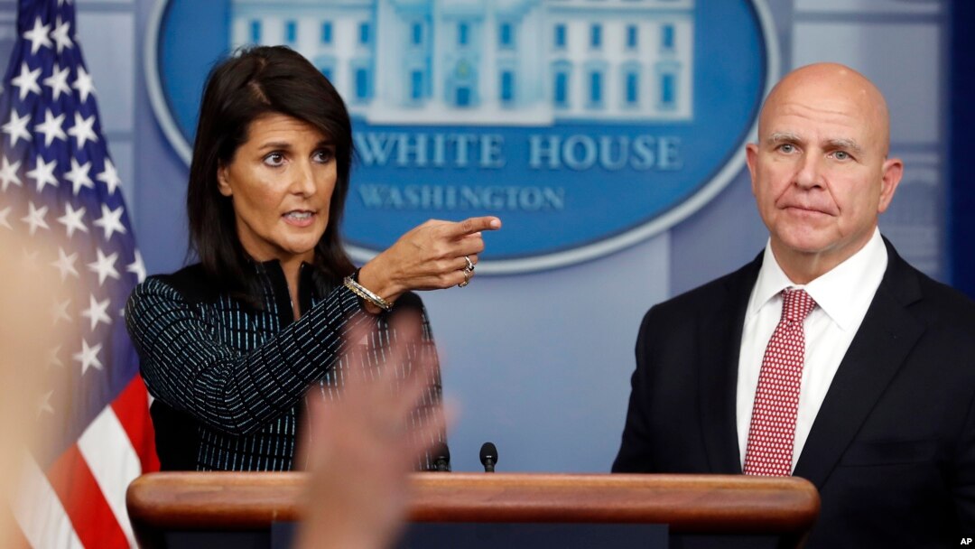 U.S. Ambassador to the United Nations Nikki Haley and national security adviser H.R. McMaster participate in a news briefing at the White House, in Washington, Sept. 15, 2017.