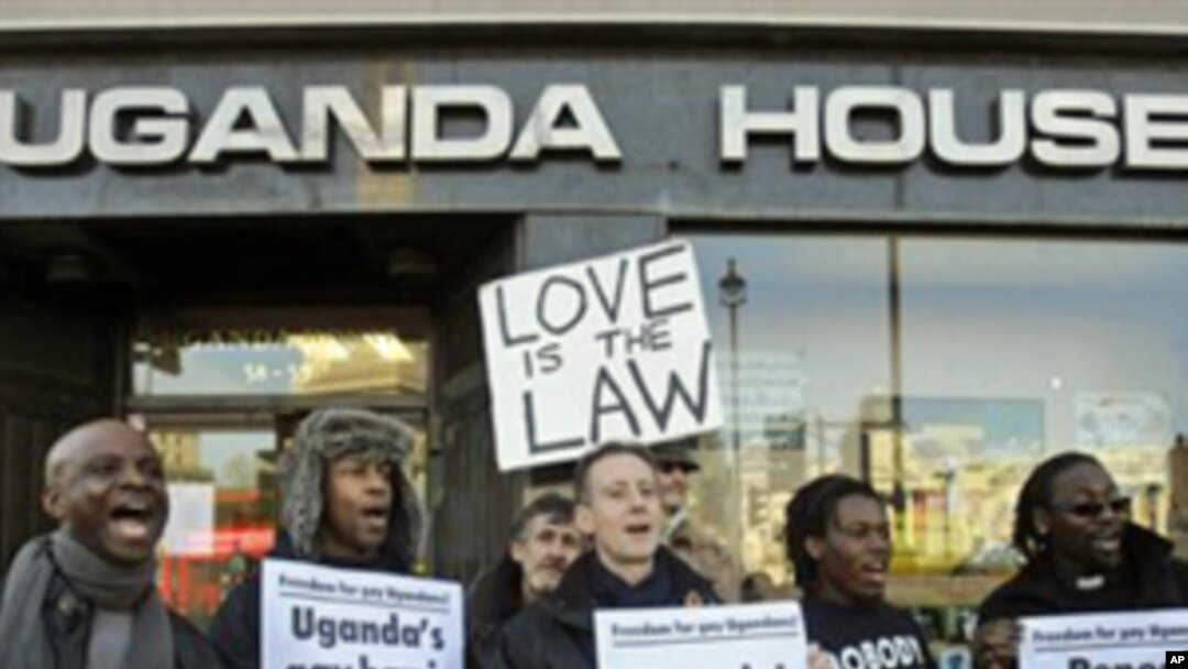 Gay rights demonstrators take part in a protest outside the Uganda High Commission in London (file photo)