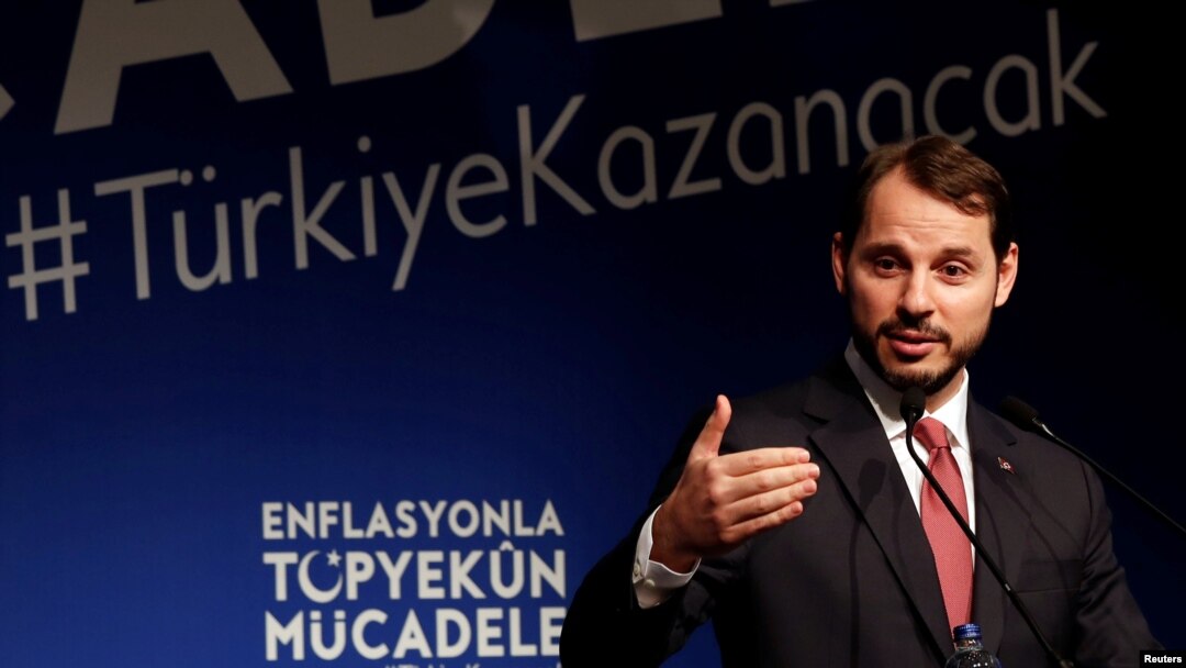 Turkish Finance Minister Berat Albayrak speaks during an event to announce his program to fight inflation, in Istanbul, Oct. 9, 2018. 