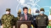 El ministro de Defensa, Diego Molano (Centro), y los comandantes de la Policía y las Fuerzas Militares, entregaron nuevos detalles sobre la investigación del asesinato del presidente de Haití, Jovenel Moise. [Foto Cortesía Ministerio de Defensa]