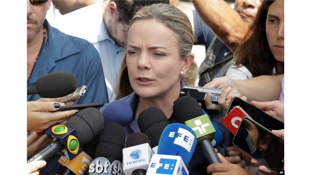 Worker's Party President and Brazilian Sen. Gleisi Hoffmann, speaks with journalists after meeting with former President Luiz Inacio Lula da Silva at the Lula Institute in Sao Paulo, Brazil, April 5, 2018.