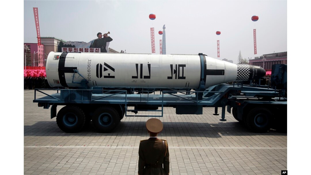 FILE - In this April 15, 2017 photo, a submarine missile is paraded across Kim Il Sung Square during a military parade, in Pyongyang, North Korea to celebrate the 105th birth anniversary of Kim Il Sung, the country's late founder.