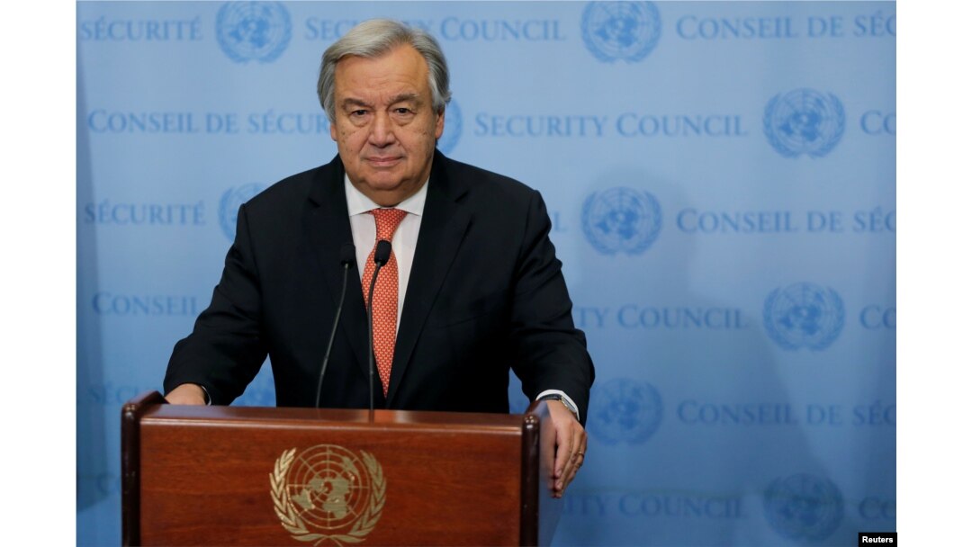 FILE - United Nations Secretary-General Antonio Guterres speaks in New York, Dec. 6, 2017.