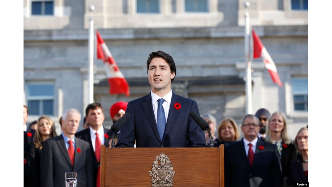 FILE - Canadian Prime Minister Justin Trudeau speaks to the crowds in Ottawa, Nov. 4, 2015.