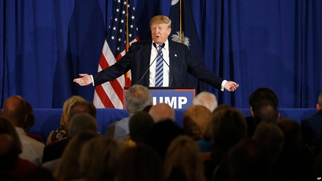 Republican presidential candidate Donald Trump speaks during a campaign stop in Kiawah Island, South Carolina, Feb. 18, 2016.