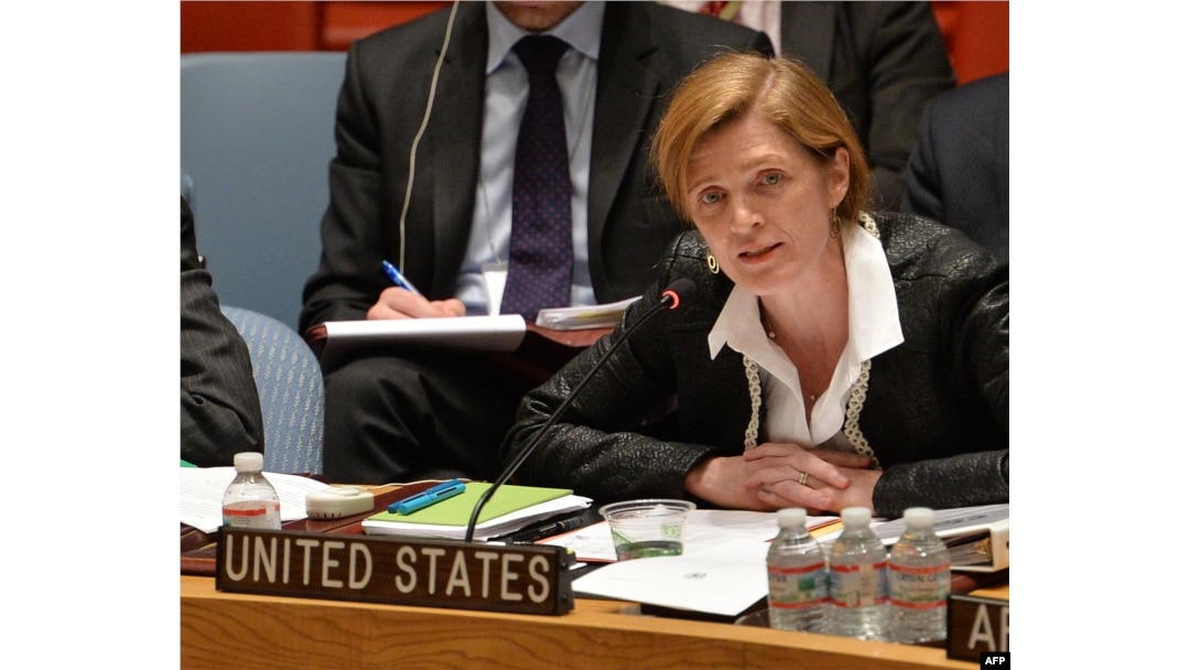 Samantha Power, U.S. Ambassador to the United Nations, speaks to a meeting of the United Nations Security Council to discuss the situation in Ukraine, March 19, 2014, at U.N. headquarters in New York.