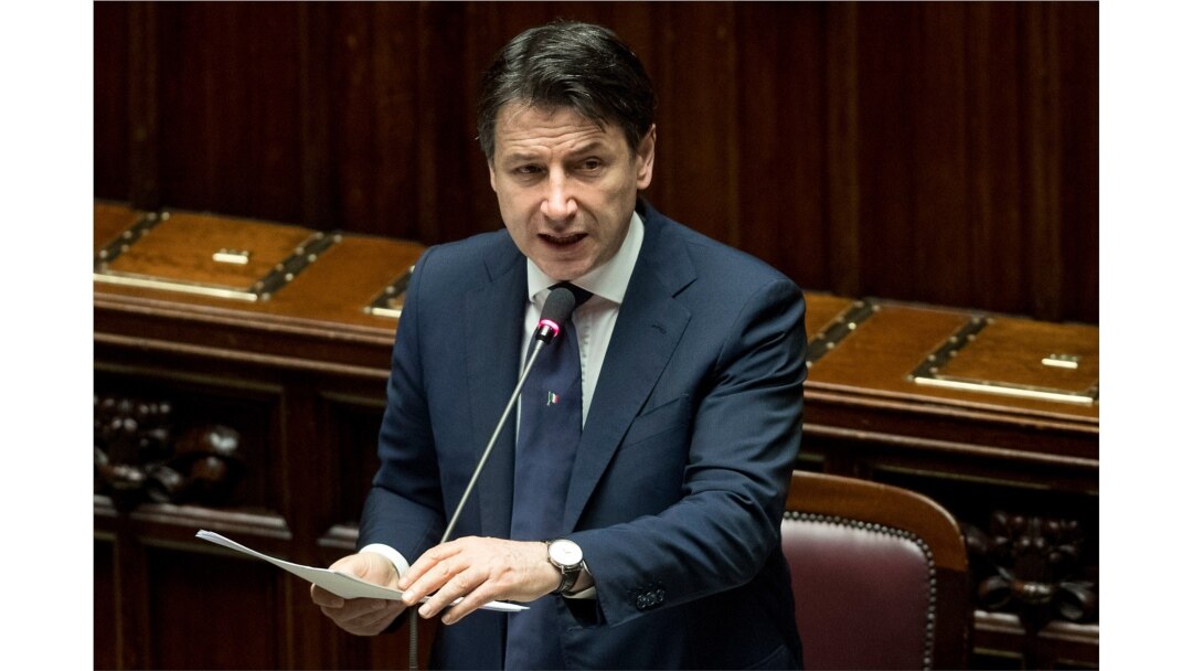 Italian Premier Giuseppe Conte delivers his message to the Lower House of Chambers of the Italian Parliament, in Rome, April 21, 2020.