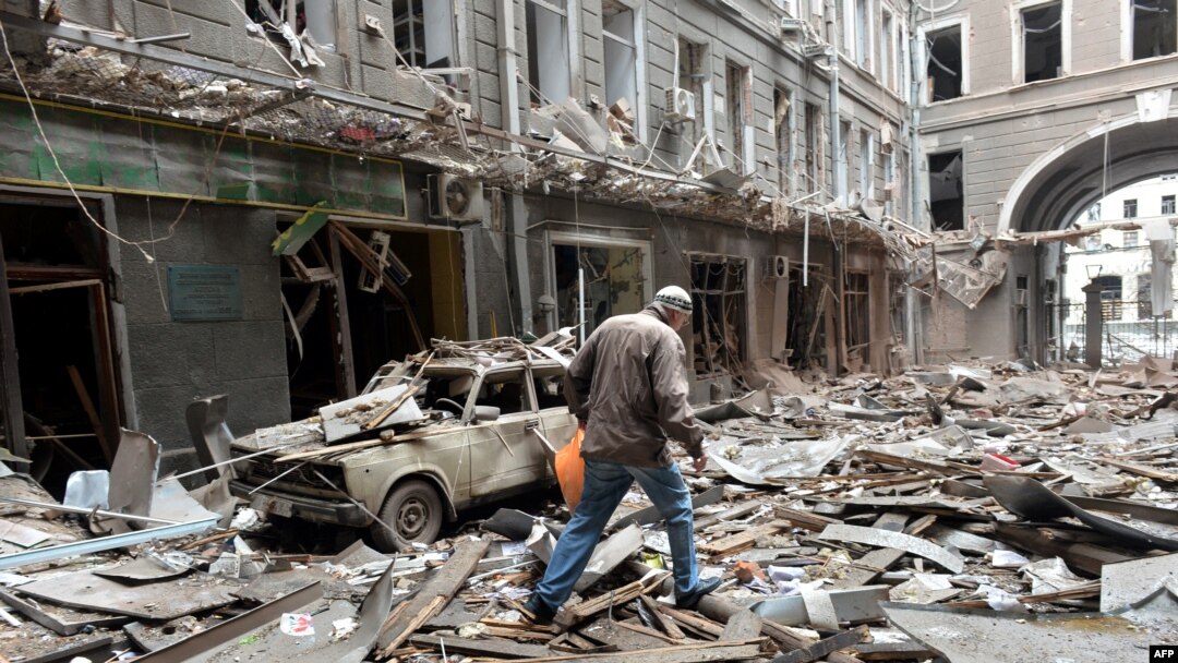 A view of damaged building after the shelling is said by Russian forces in Ukraine's second-biggest city of Kharkiv, March 3, 2022.