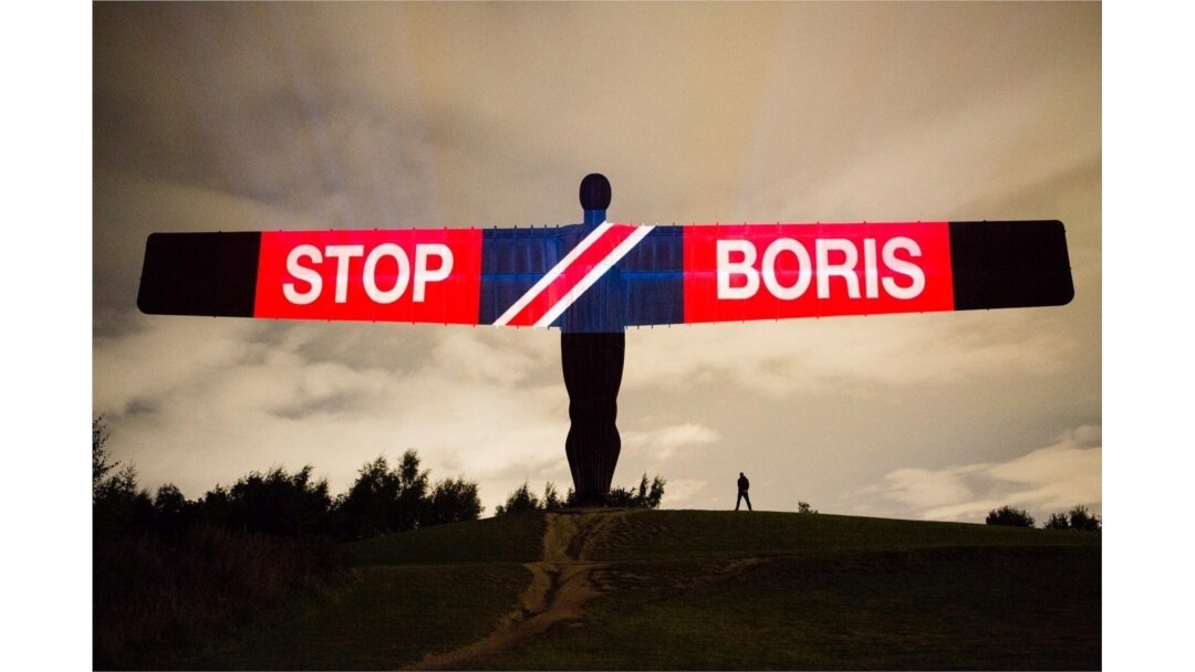 Anti-Brexit and anti-Boris Johnson messages are projected onto the Angel of the North sculpture in Gateshead, England, Sept. 3, 2019, in this picture obtained from social media on Sept. 4, 2019.