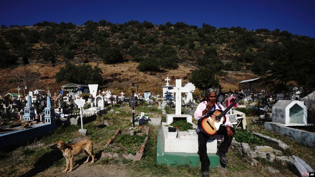 A musician sits on a tomb in the Valle de Chalco municipal cemetery as people begin to arrive to pay their respects to their dead, on the outskirts of Mexico City, Oct. 31. 2021.