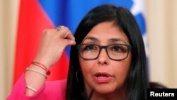 La vicepresidenta de Venezuela, Delcy Rodríguez, asiste a una conferencia de prensa conjunta con el canciller ruso Sergei Lavrov en Moscú, Rusia. Marzo 1, 2019. 