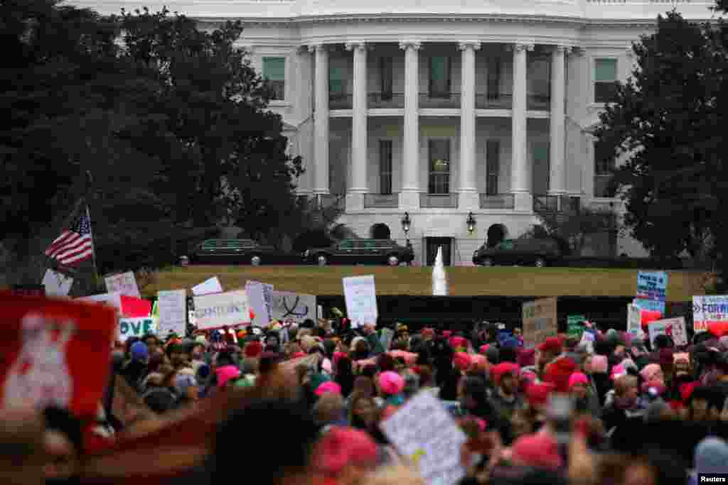 U.S. President Donald Trump's presidential limousines sit in the driveway at the White House as protesters in the Women's March gather nearby in Washington, Jan. 21, 2017. (REUTERS/Jonathan Ernst)
