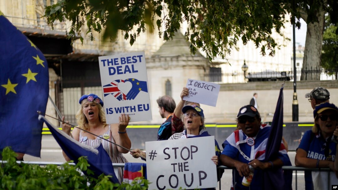 Brexit opponents wave flags and hold signs near the Houses of Parliament in central London, England, Aug. 28, 2019.