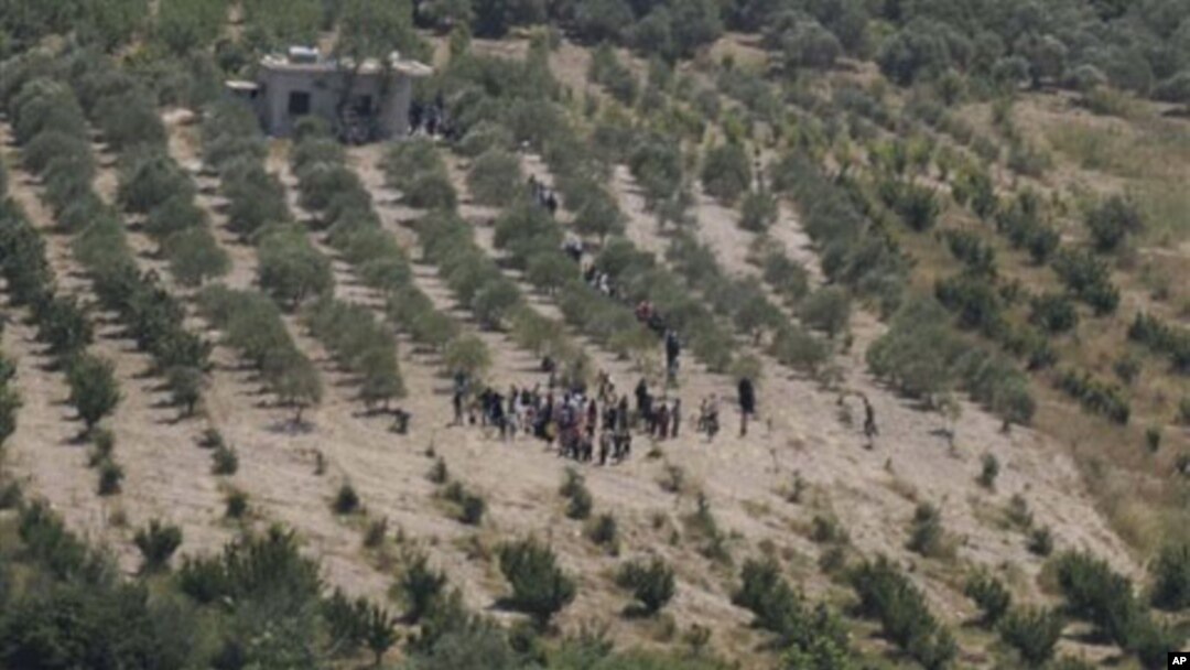 A group of Syrians head towards Turkey as they wait for the authorization to cross the border near Turkish village of Guvecci in Hatay province, Turkey, June 8, 2011