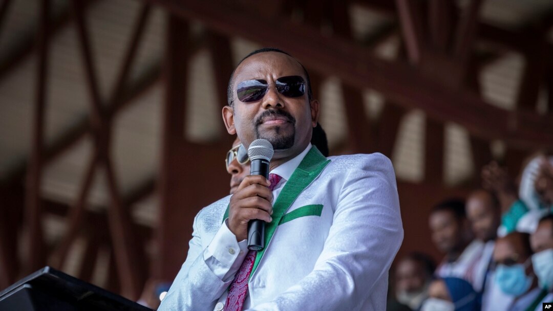 FILE - Ethiopia's Prime Minister Abiy Ahmed speaks in the town of Jimma in the southwestern Oromia region of Ethiopia, June 16, 2021. 