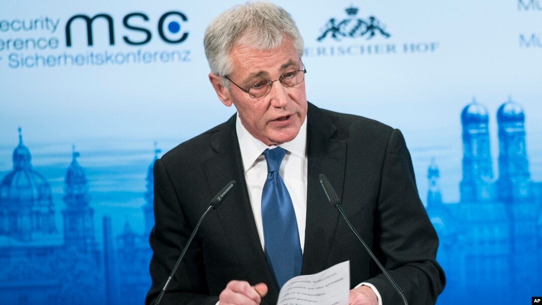 U.S. Secretary of Defense, Chuck Hagel, speaks during the Munich Security Conference at the Bayerischer Hof Hotel in Munich, southern Germany, Feb. 1, 2014.