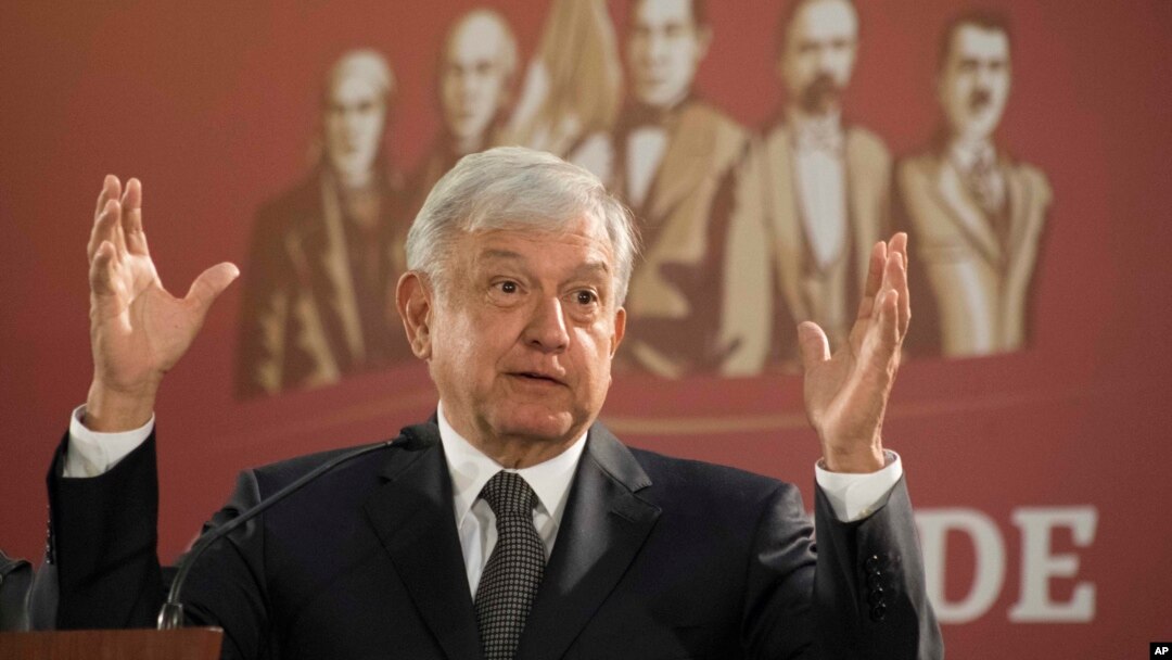 FILE - Mexico's President Andres Manuel Lopez Obrador holds his first news conference as president in Mexico City, Dec. 3, 2018. 
