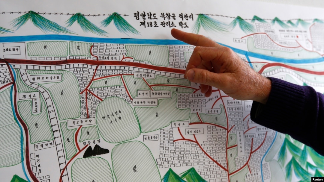 북한 18호 북창 관리소(정치범수용소) 출신 탈북자 김혜숙 씨가 그린 관리소 지도가 제네바 유엔 인권사무소에 걸려있다. (자료사진)