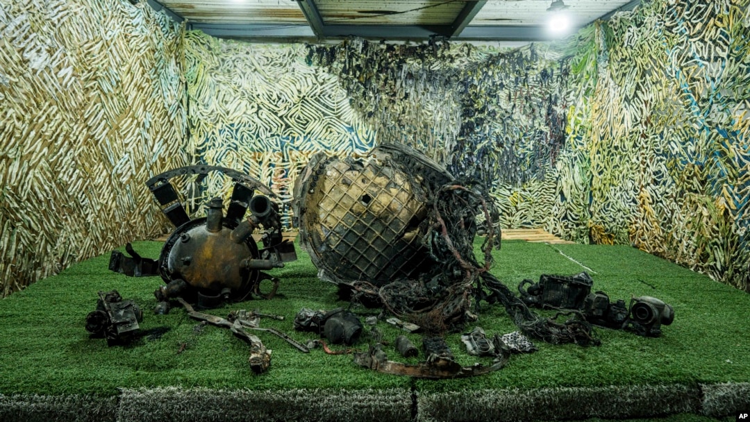 Fragments of a rocket which struck Dnipro on November 21 are seen at a center for forensic analysis in undisclosed location in Ukraine, Nov. 24, 2024. 