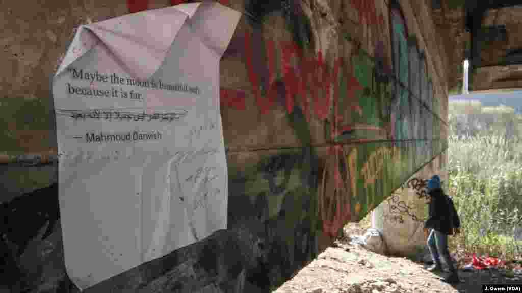A poem is plastered on the walls of an underpass that offers shelter to well over a hundred migrants and refugees in Ventimiglia, Italy.