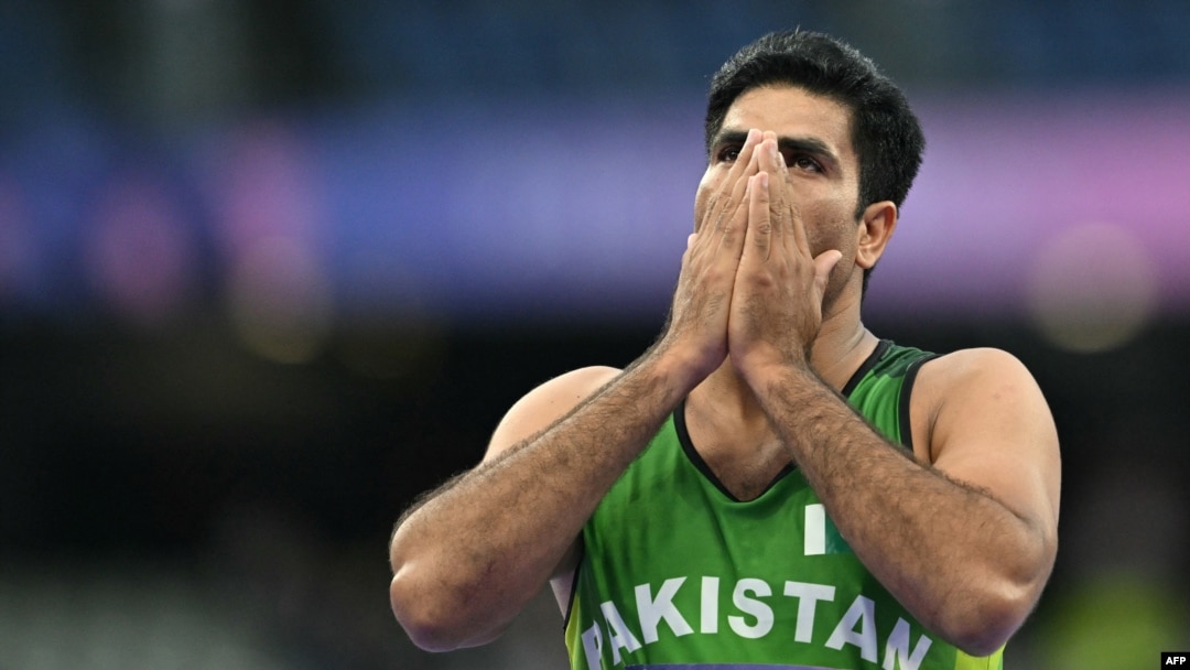 Pakistan's Arshad Nadeem reacts as he competes in the men's javelin throw final at the Paris 2024 Olympic Games in Saint-Denis on Aug. 8, 2024. Nadeem made an Olympic-record throw and won the gold medal.