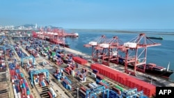 中国江苏省连云港港口的集装箱和龙门起重机。(2024年8月7日）