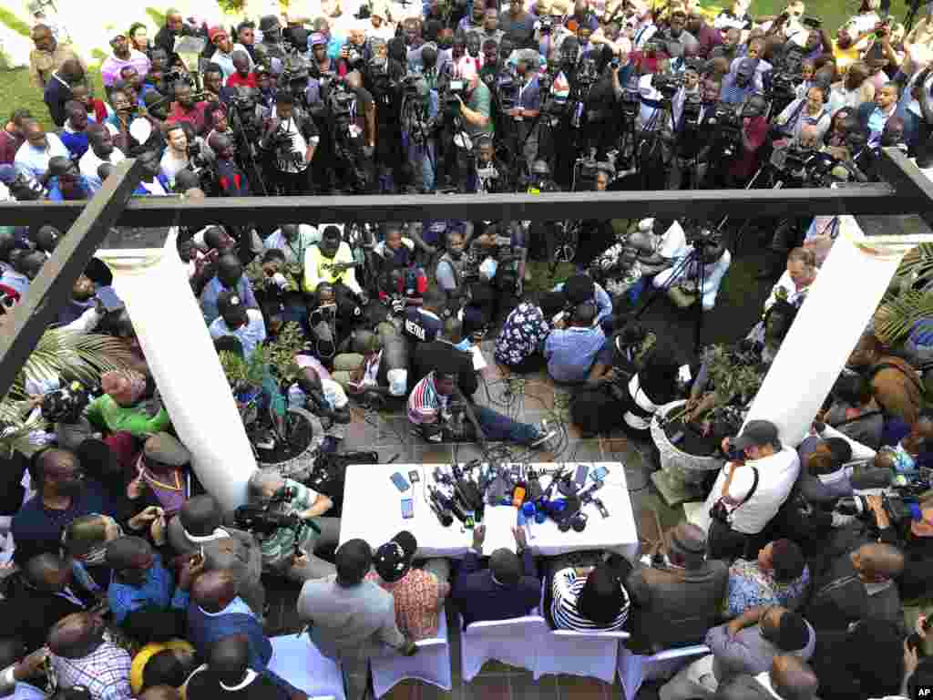 A press conference by opposition leader Nelson Chamisa gets underway in Harare, Zimbabwe. Hours after President Emmerson Mnangagwa was declared the winner of a tight election, riot police disrupted the press conference where opposition leader Nelson Chamisa was about to respond to the election results.
