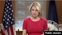 La vocera del Departamento de Estado, Heather Nauert firma el comunicado que condena al régimen venezolano por amenazar con el enjuiciamiento de sus enemigos políticos por traición.