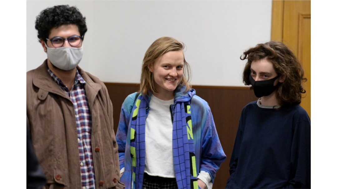DOXA magazine editors from left, Armen Aramyan, Natalya Tyshkevich and Alla Gutnikova wait for a court session in Moscow, Russia, Apr. 14, 2021.