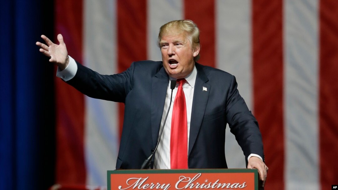 Republican presidential candidate, businessman Donald Trump addresses supporters at a campaign rally, Dec. 21, 2015, in Grand Rapids, Mich. 