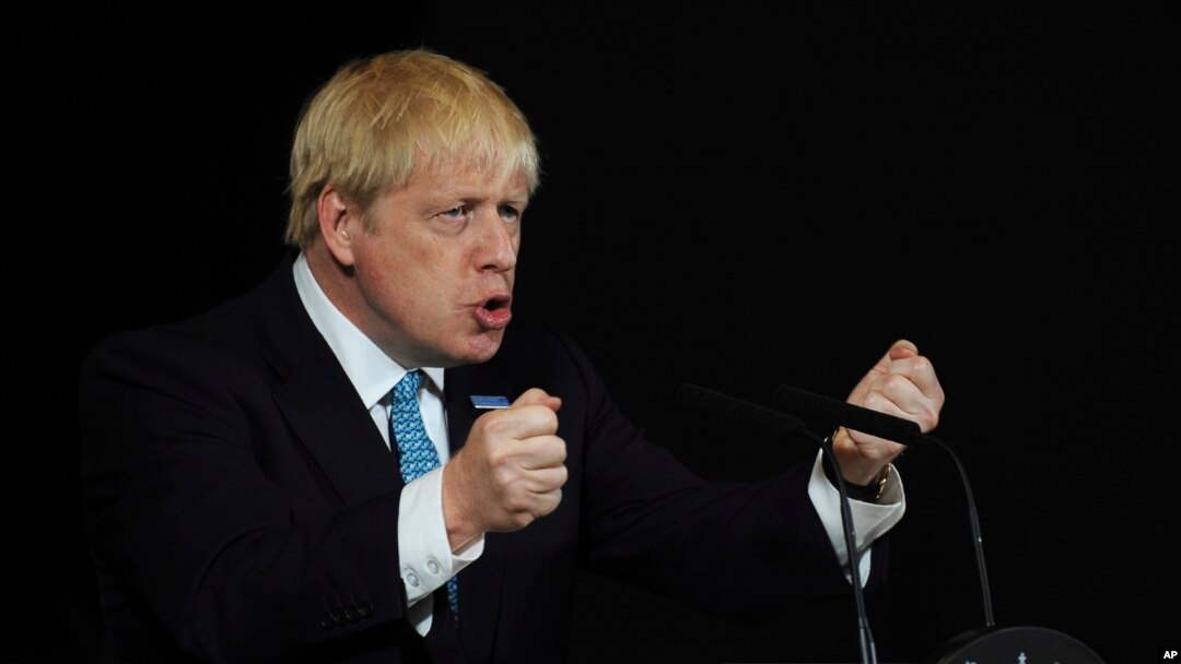 Britain's Prime Minister Boris Johnson during a speech on domestic priorities at the Science and Industry Museum in Manchester, England, Saturday July 27, 2019.