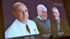 Harvey J. Alter, Michael Houghton y Charles M. Rice, aparecen en una pantalla como los tres ganadores del Premio Nobel de Fisiología o Medicina 2020, durante una conferencia de prensa el lunes 5 de octubre de 2020 en Estocolmo. 