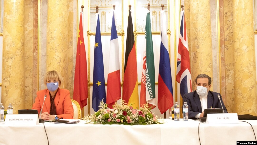 Iran's top nuclear negotiator Araqchi and EEAS Schmid attend a meeting in Vienna, Sep. 1, 2020.