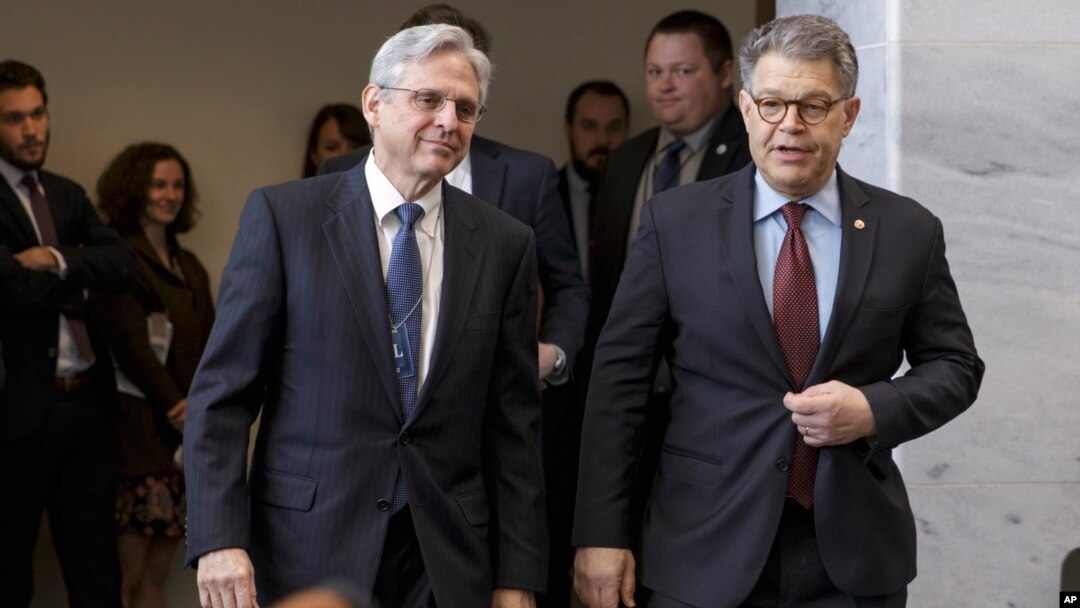 Judge Merrick Garland (L), President Barack Obama’s choice to replace the late Justice Antonin Scalia on the Supreme Court, meets with Senate Judiciary Committee member, Democratic Senator Al Franken, on Capitol Hill in Washington, March 30, 2016.