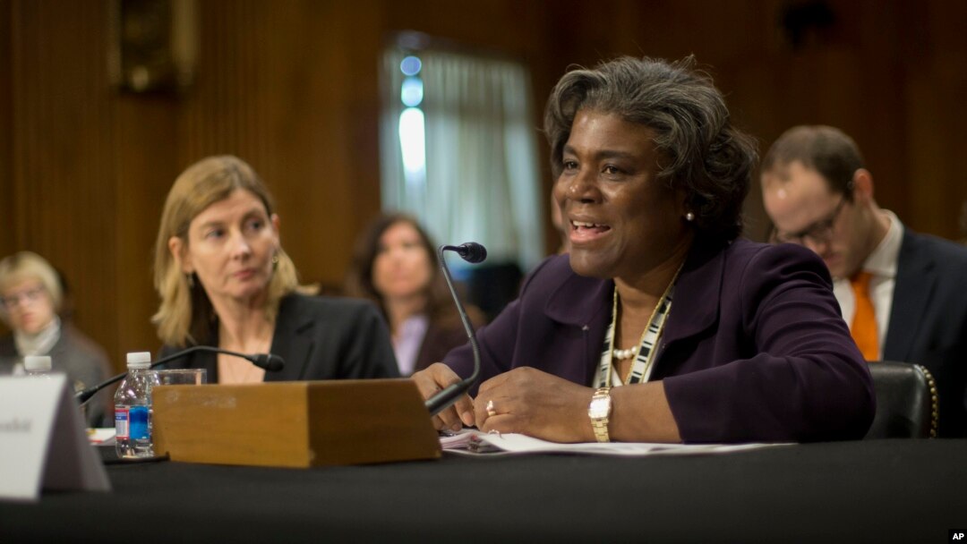 FILE - U.S. Assistant Secretary of State for African Affairs Linda Thomas-Greenfield, right, testifies on Capitol Hill in Washington, January 2014.
