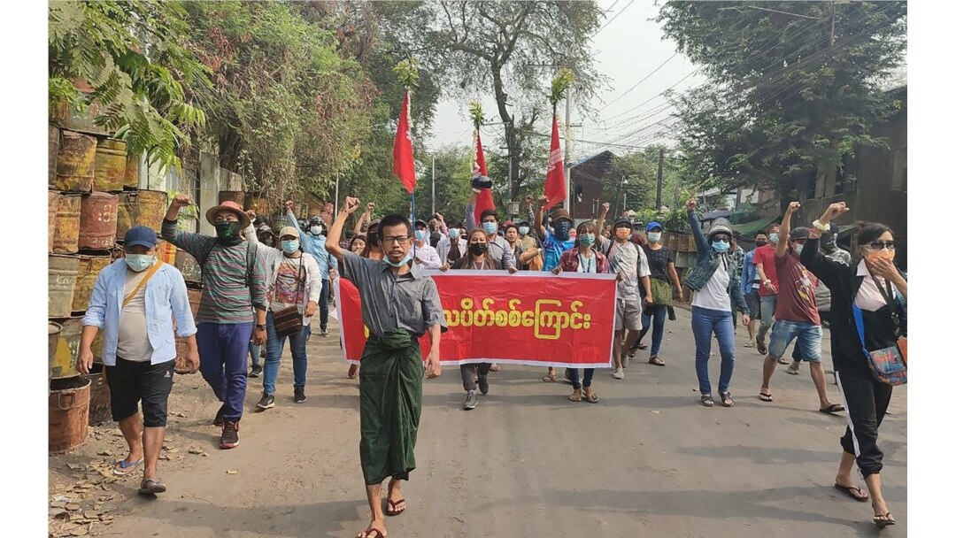 Anti-coup protesters march in Mandalay, Myanmar, April 10, 2021. (Credit: Citizen journalist via VOA Burmese Service)