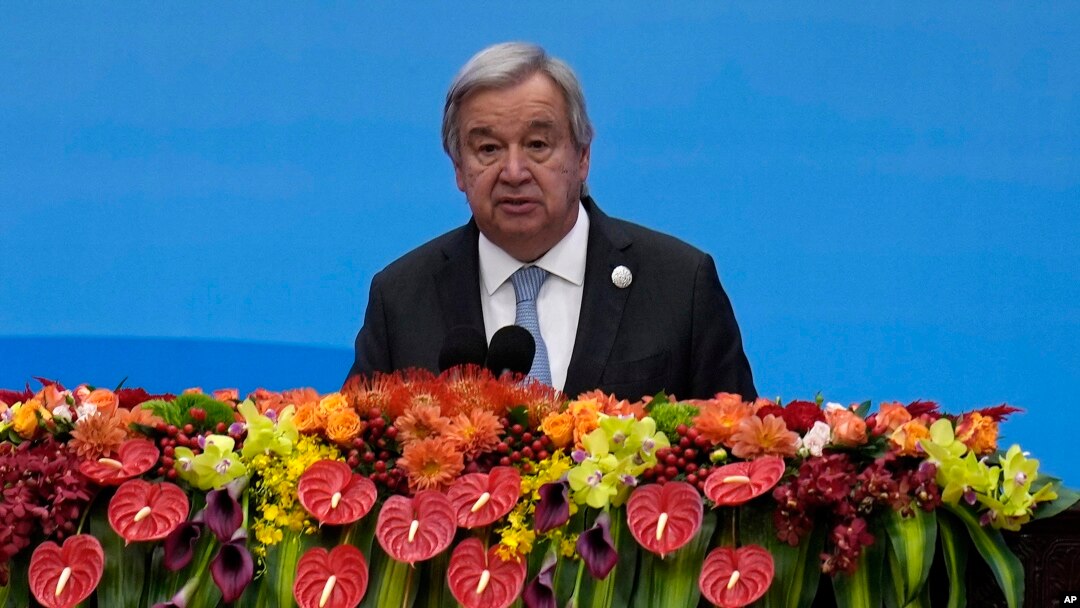 U.N. Secretary-General Antonio Guterres delivers a speech on stage during the Belt and Road Forum at the Great Hall of the People in Beijing, Oct. 18, 2023.